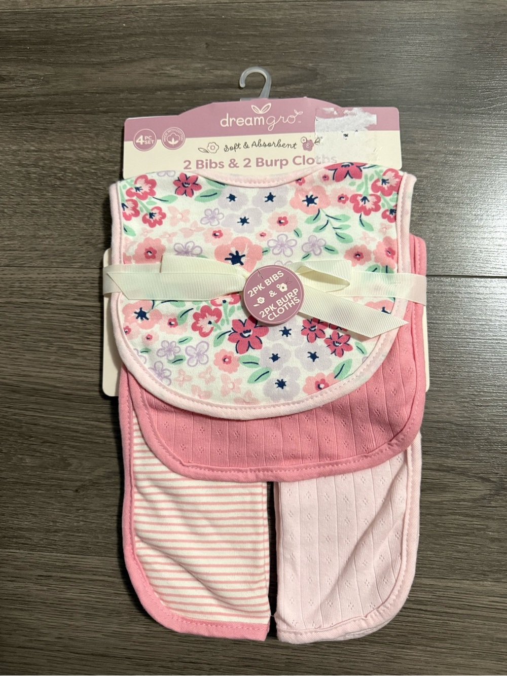 DreamGro Pink Floral Baby Bib & Burp Cloth 4 piece Set